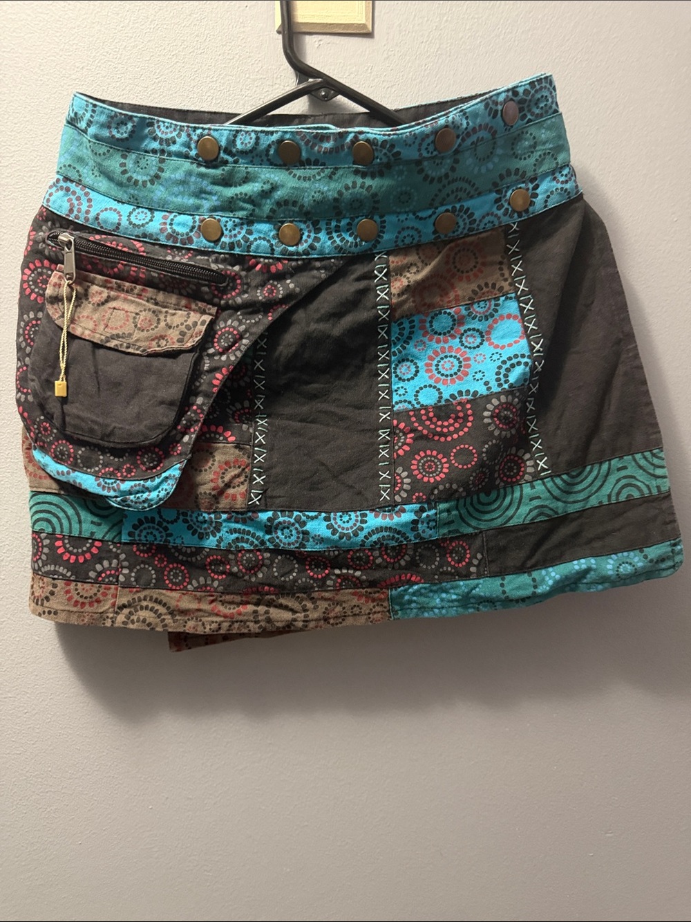Boho Patchwork Mini Skirt with Turquoise Accents